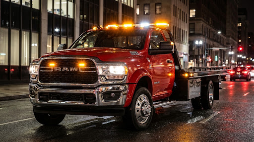 24/7 Louisville flatbed tow truck with emergency strobe lights on highway shoulder