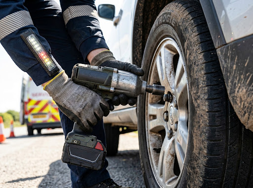 Roadside assistance technician changing tire in Louisville KY